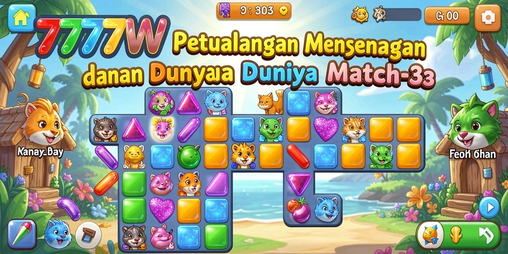 Tangkapan layar dari gameplay seru 7777W dengan permata berwarna-warni.
