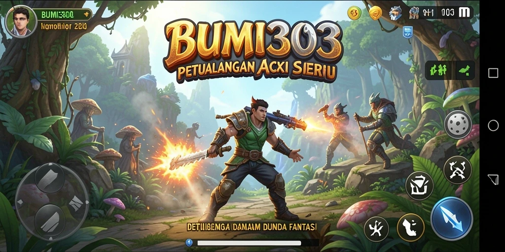 Tangkapan layar BUMI303 menampilkan aksi pertarungan seru dalam dunia fantasi.