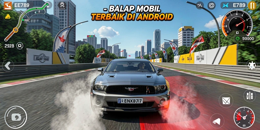 Screenshot gameplay EE789 menampilkan balapan mobil yang seru dan mendebarkan.