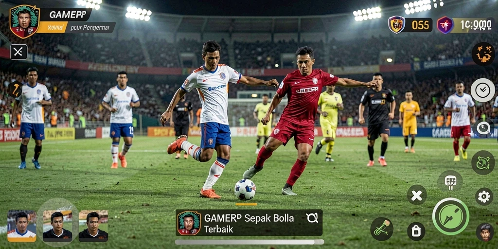Tampilan gameplay GAMERP dengan aksi pertarungan sepak bola yang mendebarkan.