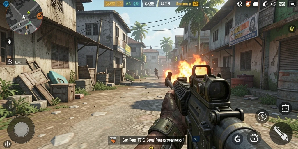 Screenshot gameplay GX88 menampilkan aksi pertempuran yang mendebarkan.