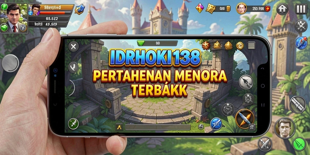 Screenshot gameplay IDRHOKI138 menampilkan menara bertahan melawan gelombang musuh.