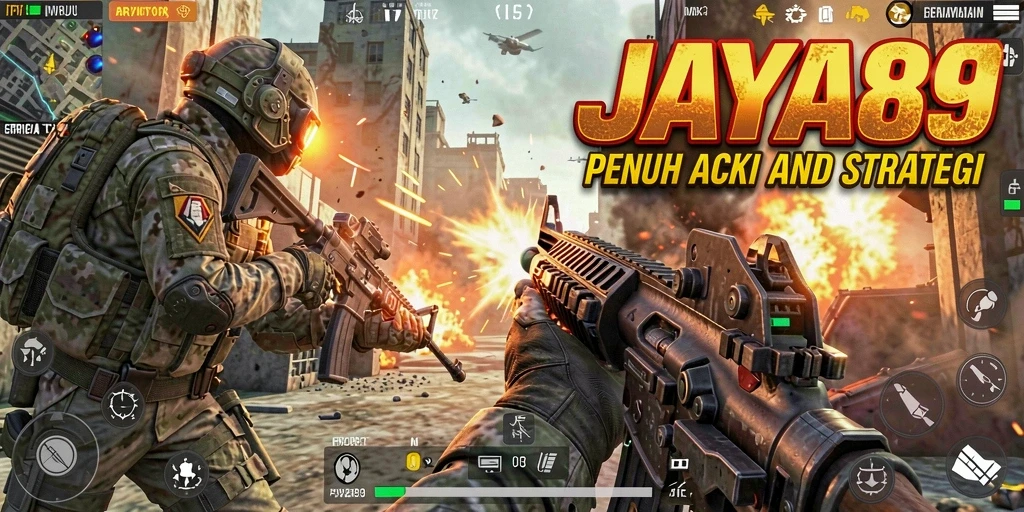 Tampilan menegangkan dari pertempuran di JAYA89, menampilkan gameplay FPS yang intens.