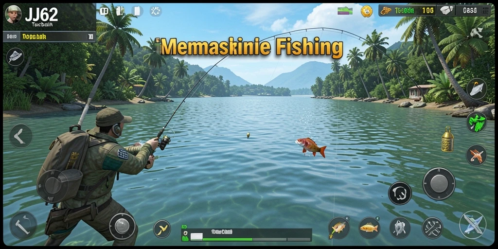 Screenshot gameplay JJ62 yang menarik saat memancing ikan di danau.