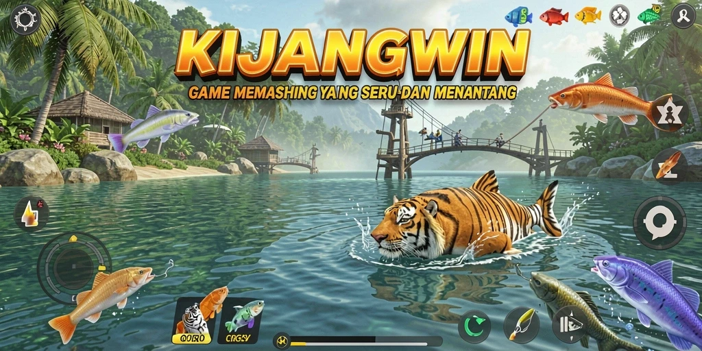 Tampilan gameplay KIJANGWIN saat memancing di danau yang indah.