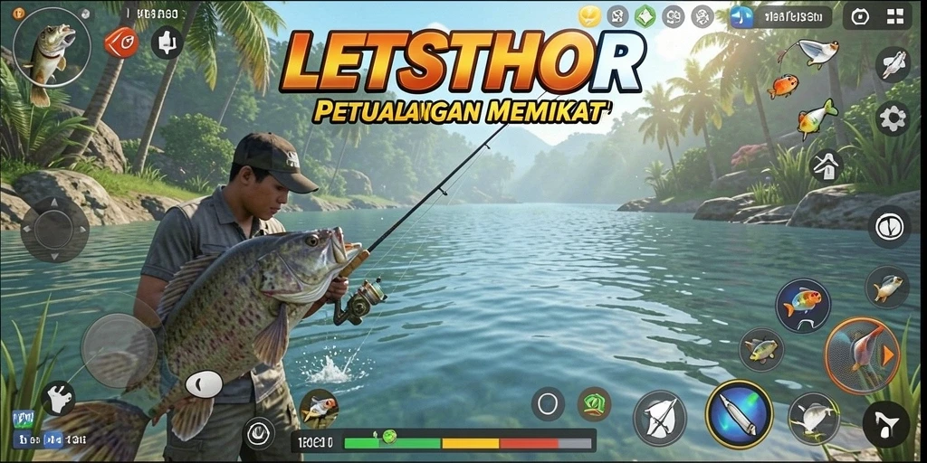 Tampilan gameplay LETSTHOR yang menarik saat memancing di berbagai lokasi.