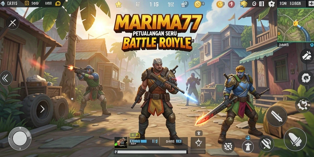 Screenshot utama gameplay MARIMA77 menampilkan aksi Battle Royale yang mendebarkan.