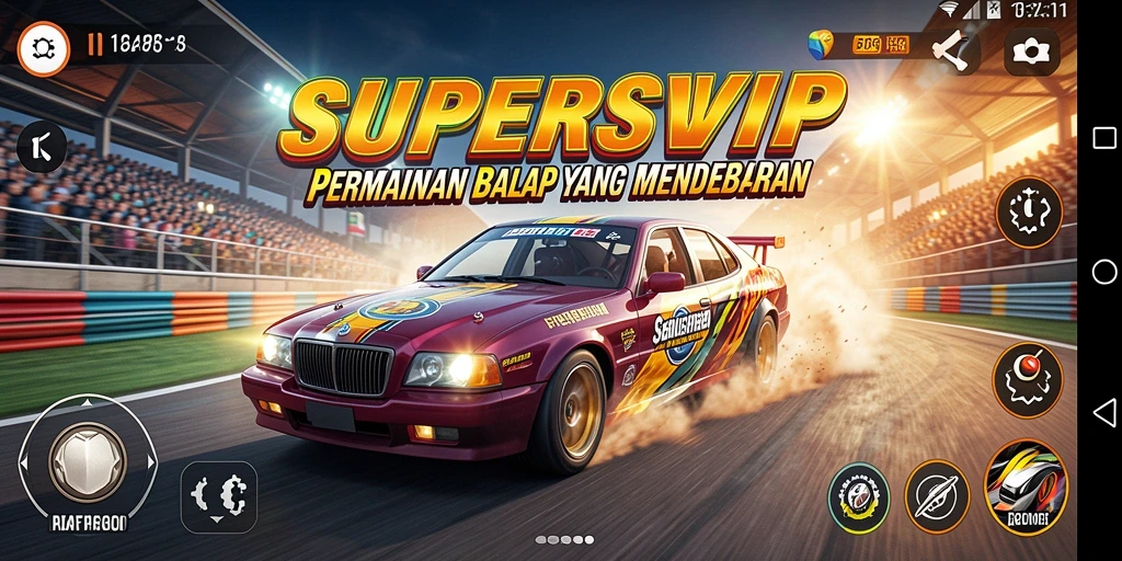 Tampilan gameplay SUPERSVIP dengan mobil balap yang sedang beraksi.
