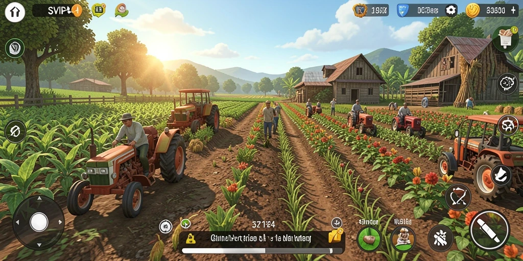 Tampilan gameplay SVIP4 yang menampilkan pertanian yang aktif dan hidup.