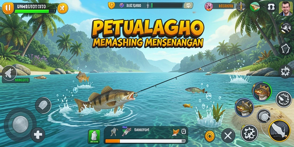Screenshot UNGUTOTO menampilkan pemain yang menangkap ikan di lokasi memancing yang indah.