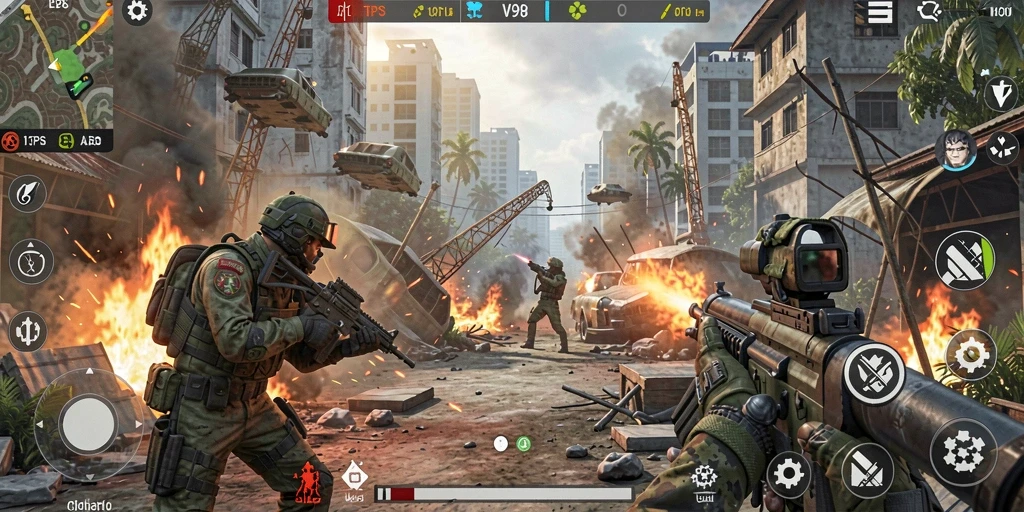 Gameplay seru dalam V98 yang menampilkan aksi TPS.