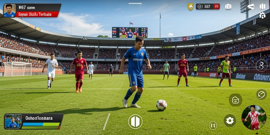 Screenshot gameplay W67 menampilkan aksi seru di lapangan sepak bola.